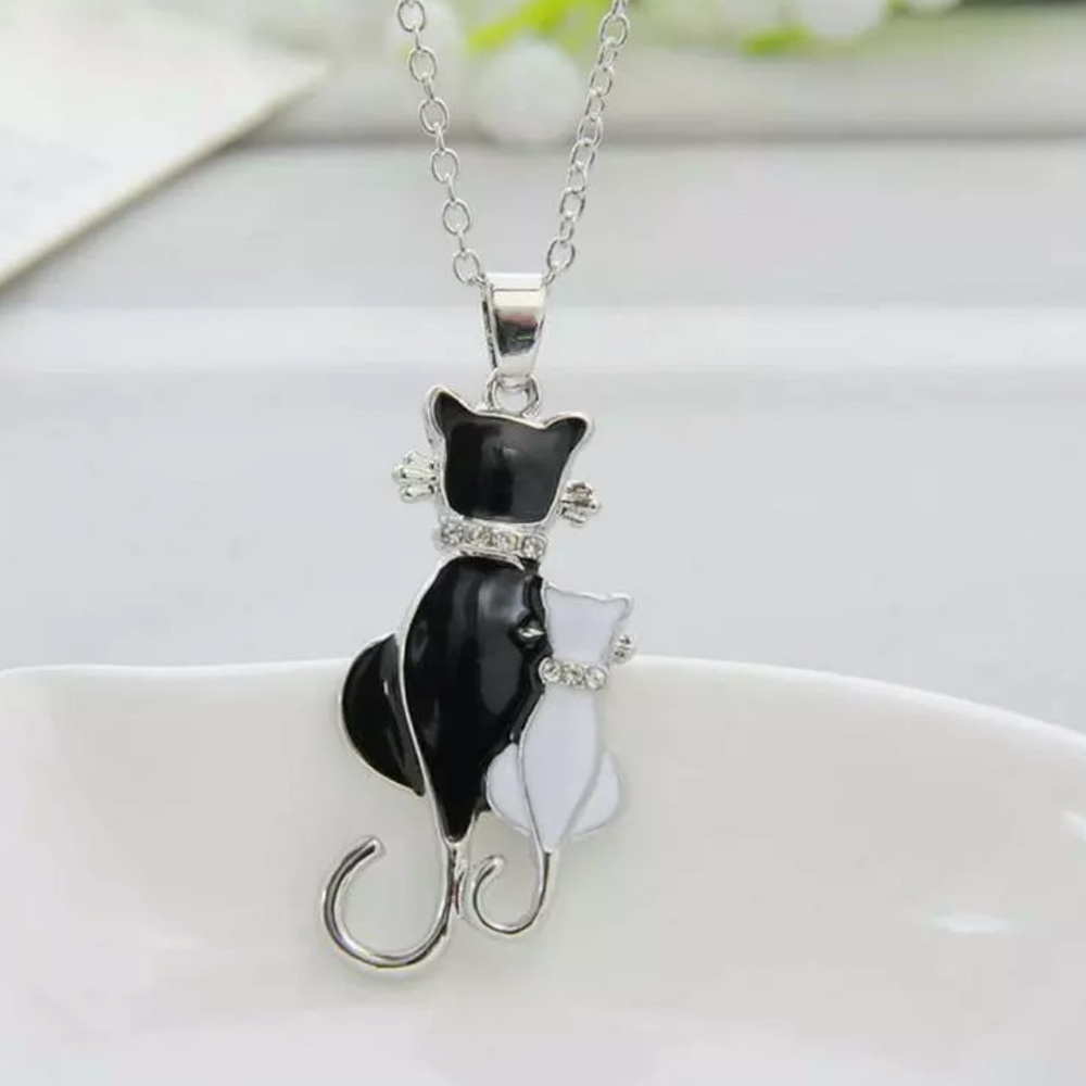 Black Cat White Kitten Silver Necklace - NIP + Bag